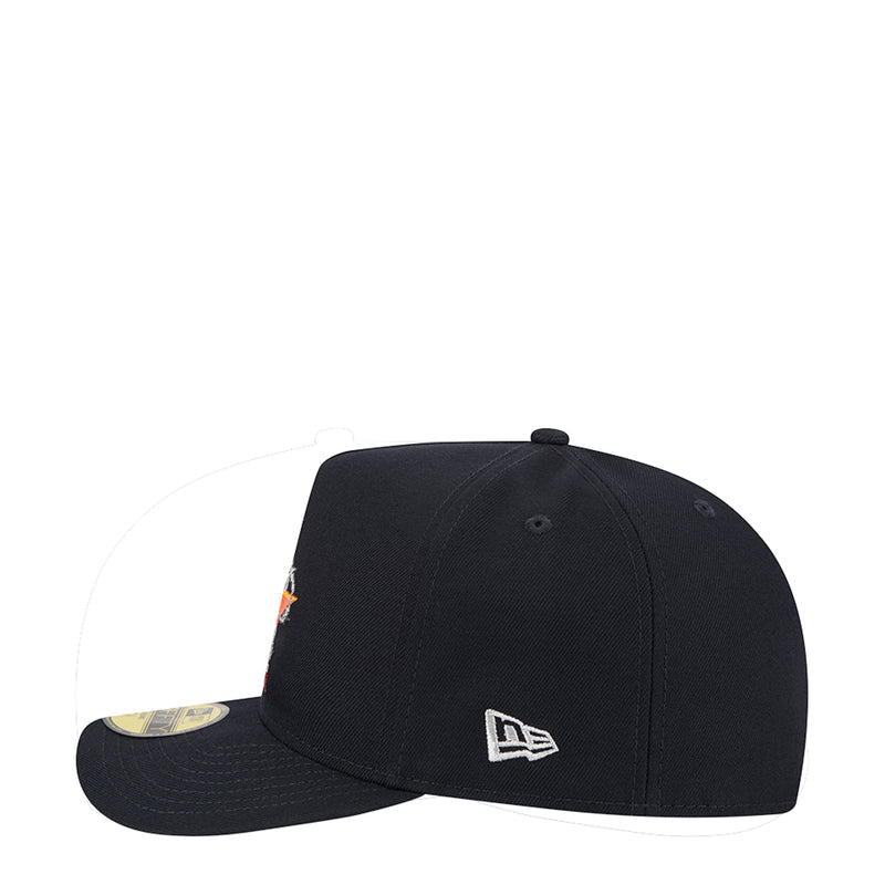 Dark navy baseball cap with New Era flag logo on front, side emblem