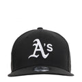 Black baseball cap with white A’s logo on the front panel