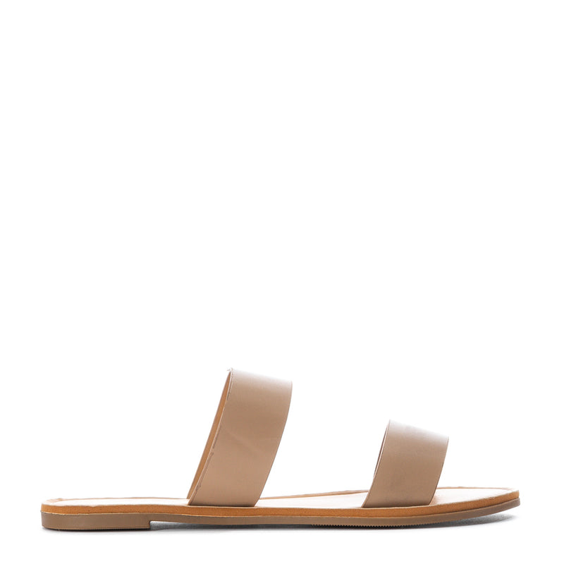 Tan womens two-band slide sandal with flat sole and open toe