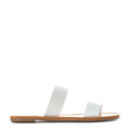 Women’s two-band slide sandals with white patterned strap and open toe