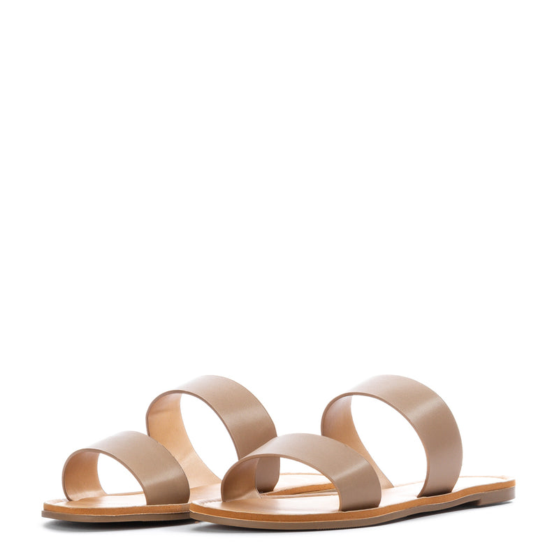 Tan womens two-band sandal with open toe and contoured footbed