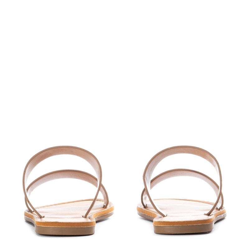 Tan womens slide sandal with dual straps and open toe, heel view