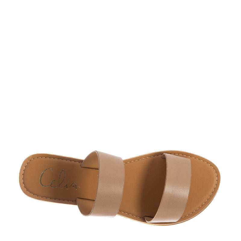 Tan sandal footbed with dual straps and stitched logo on insole