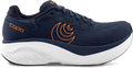 Quarter turn view Men's Topo Footwear style name Atmos 2 in color Navy / Orange. Sku: M091-NAVORG