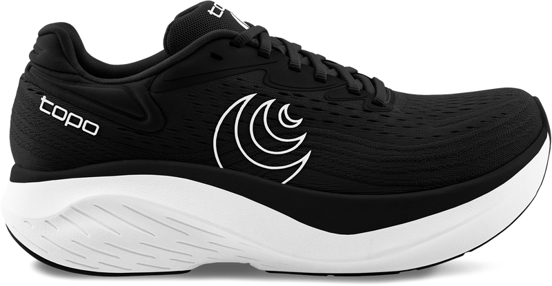 Quarter turn view Women's Topo Footwear style name Atmos 2 in color Black/ White. Sku: W091-BLKWHT
