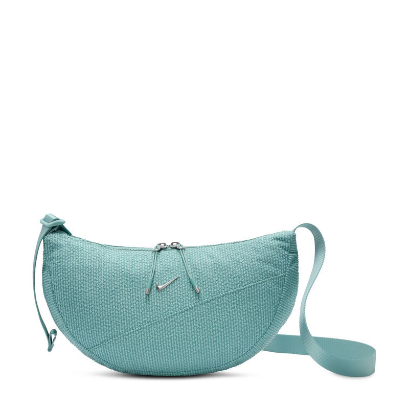 Turquoise crescent corduroy crossbody bag with top clasp and adjustable strap