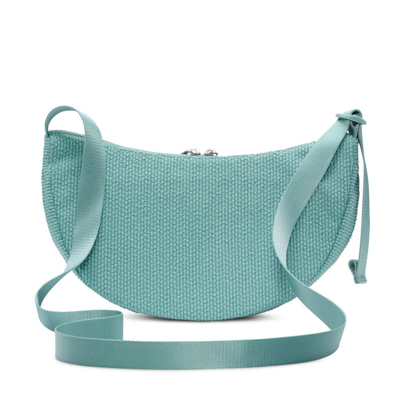 Turquoise crescent corduroy crossbody bag with crossbody strap and side zipper detail