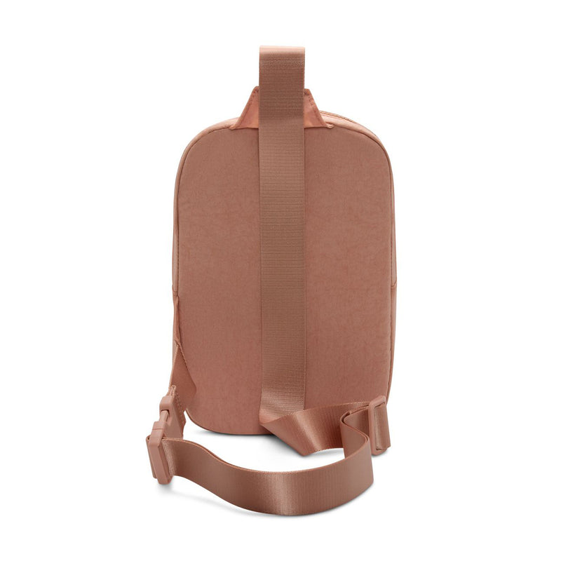 Rose gold crossbody sling bag with wide adjustable strap and webbing belt
