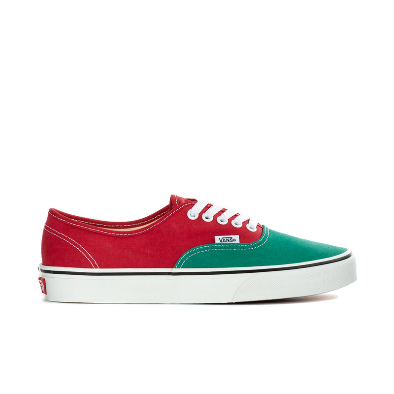 Men's low-top sneakers in red and green with white laces and white rubber sole.