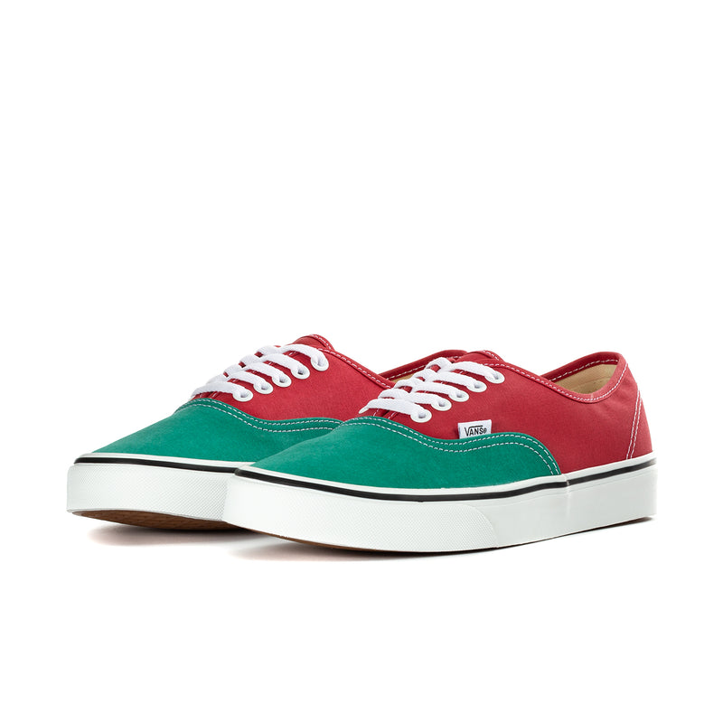 Men's low-top sneakers with red and green canvas uppers and white lace-up front.
