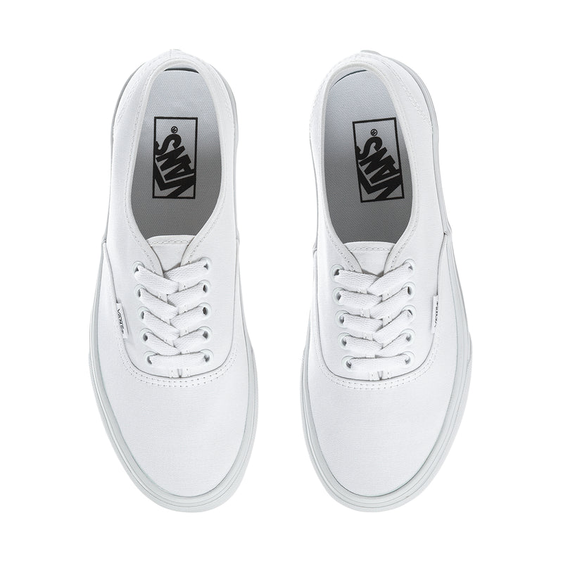 Men's white Vans Authentic sneakers, inside-liner view with Vans logo on tongues