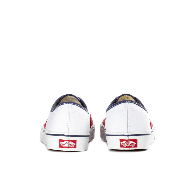 Men's Vans low-top sneakers, white and red with blue heel collar and branding