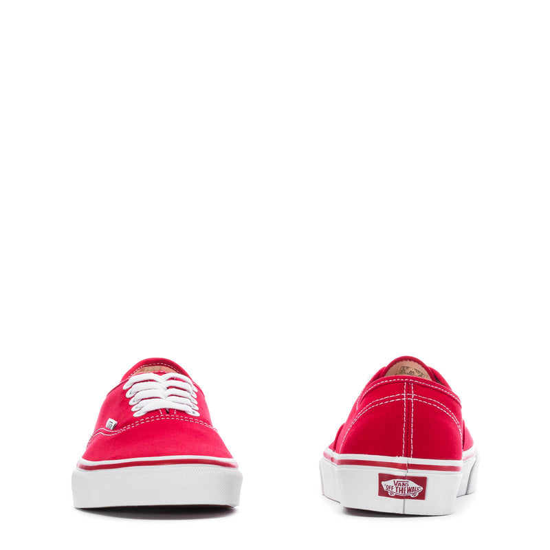 Red Vans Authentic men's sneakers, front and back views with white soles