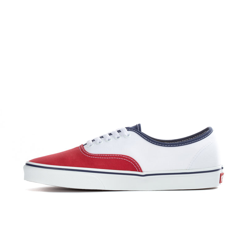 Men's Vans low-top sneakers, white upper with red panel and blue trim