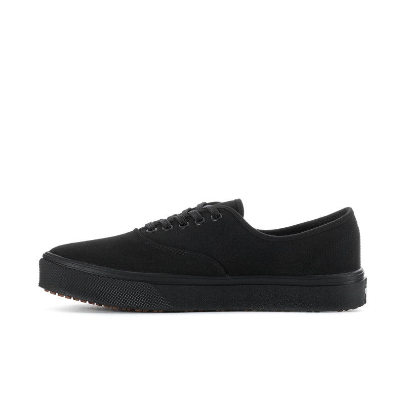 Men's black canvas low-top sneakers with lace-up front and textured outsole