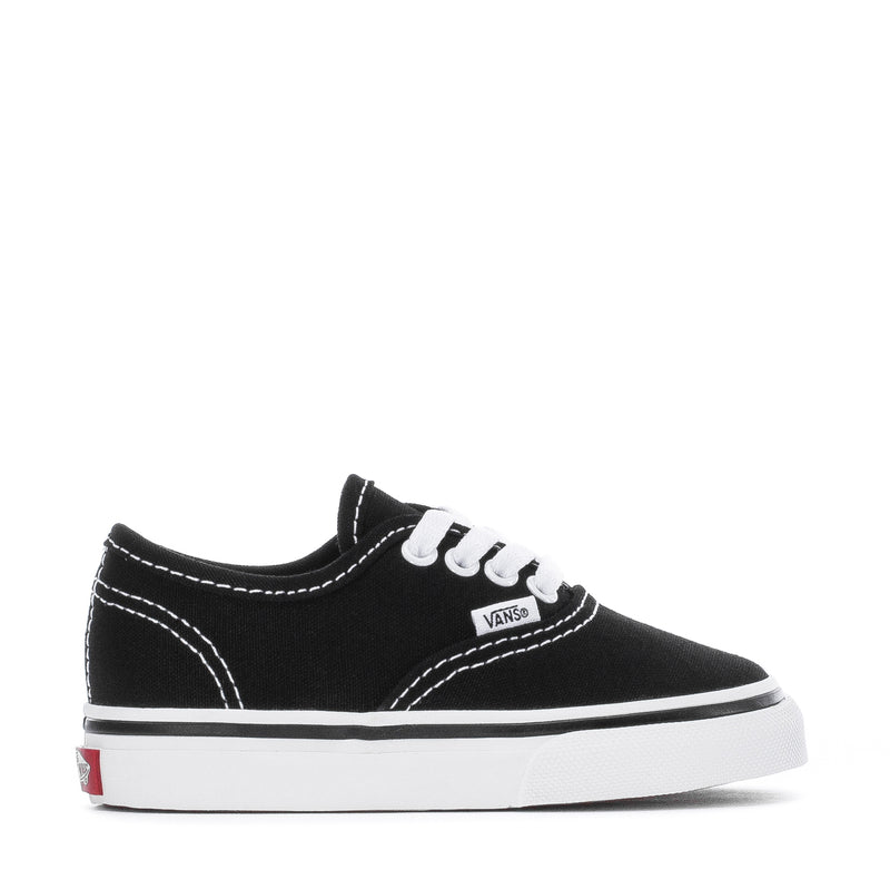 Toddler black canvas sneakers, white laces, VANS logo patch, stitched sidewalls
