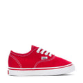 Red canvas toddler sneaker with white laces and VANS side logo, low-top.