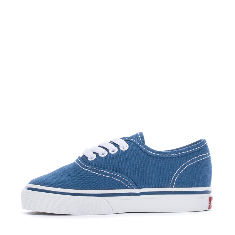 Toddler navy canvas sneakers with white laces and contrast stripe on sidewall