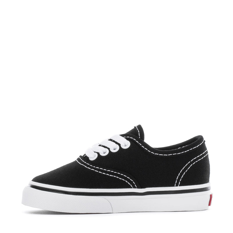 Toddler black canvas sneakers, white laces, contrast stitch seams, white rubber sole