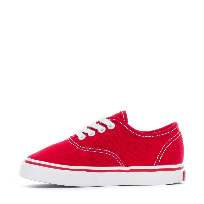 Red canvas toddler low-top sneaker with white laces, side stripe and rubber sole.