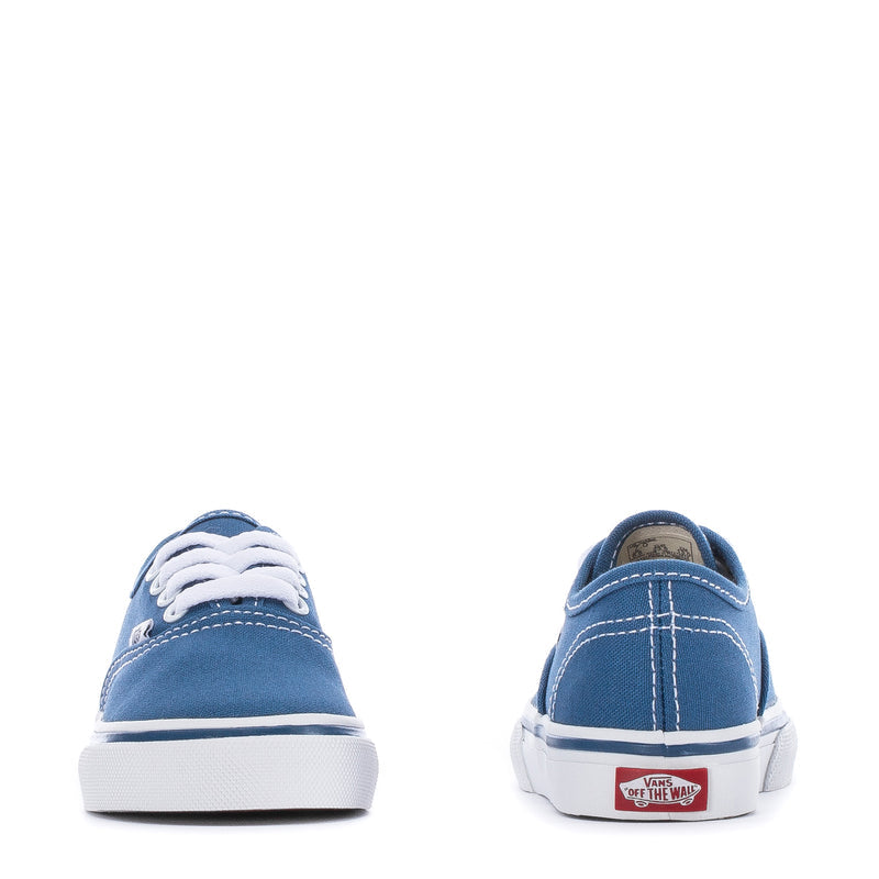 Toddler navy canvas sneakers, rear view with heel tab and white rubber sole