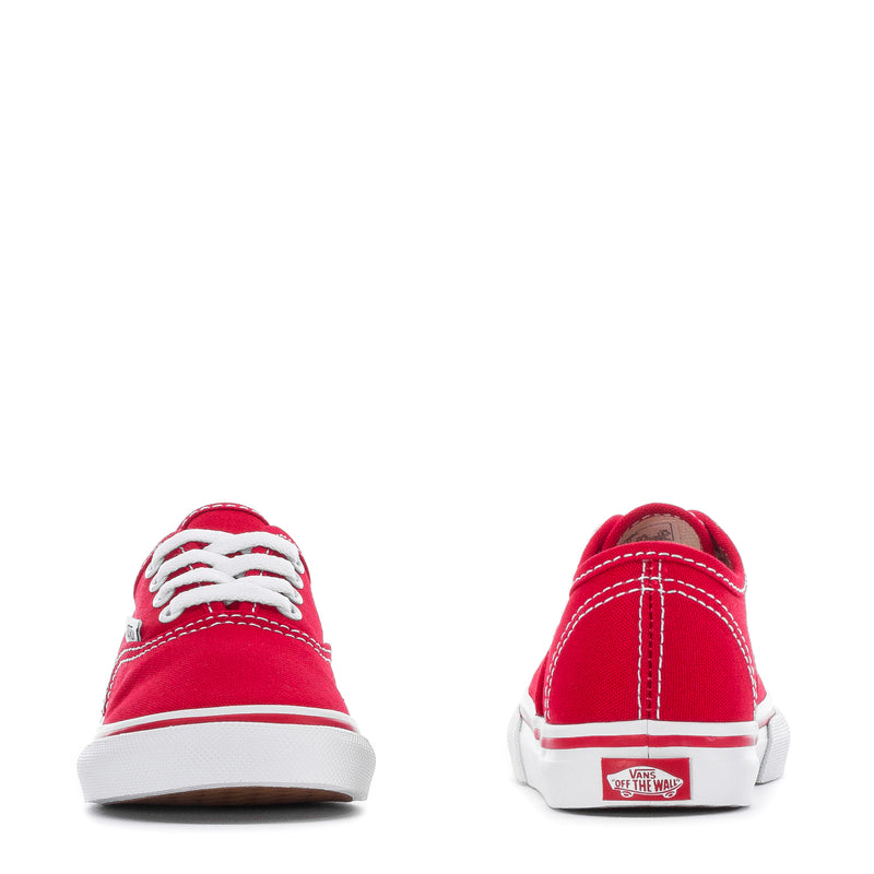 Red canvas toddler sneakers with white stripe, heel and toe views, rubber sole.