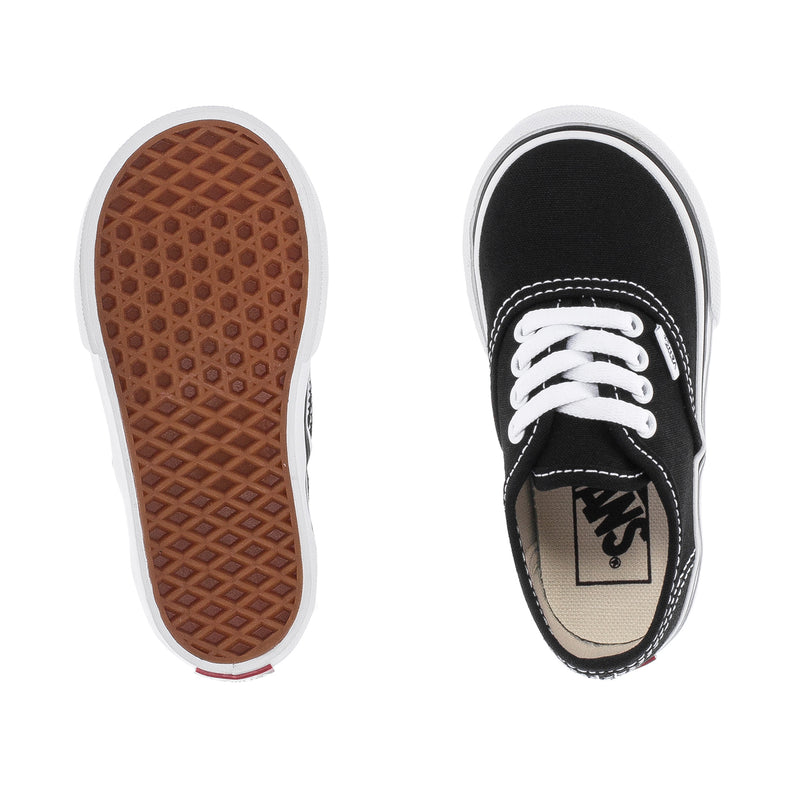 Toddler black sneakers with white midsoles, waffle rubber outsole tread (pair)