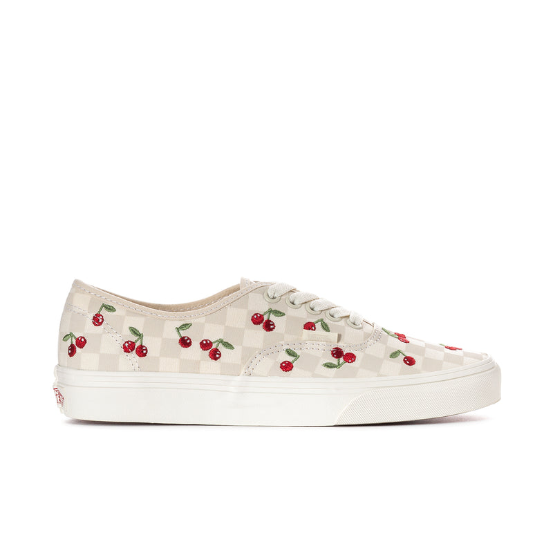 Women’s low-top lace-up sneakers with white checkerboard and red cherry graphics