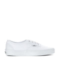 Youth white low-top sneaker with lace-up front and side stripe, Vans logo