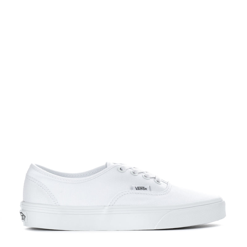 Youth white low-top sneaker with lace-up front and side stripe, Vans logo