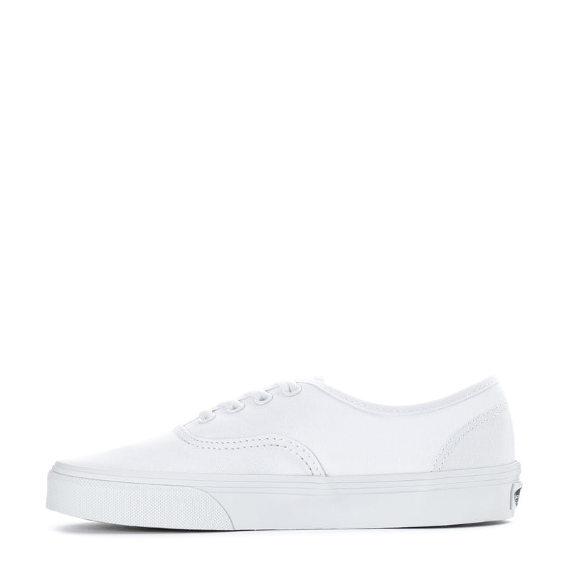 Youth white low-top sneaker, side view with stitched panel and lace eyelets