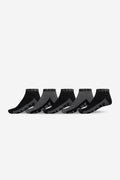 Five black and grey Globe ankle socks arranged in a row