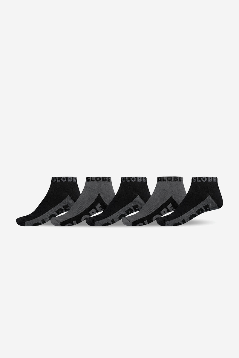 Five black and grey Globe ankle socks arranged in a row