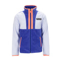Youth full-zip jacket, blue/white colorblock with orange trim, hood