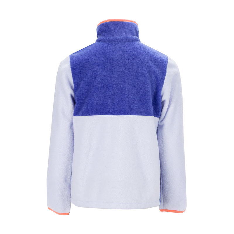 Youth full-zip jacket back, blue hood and yoke over white panels with orange cuffs