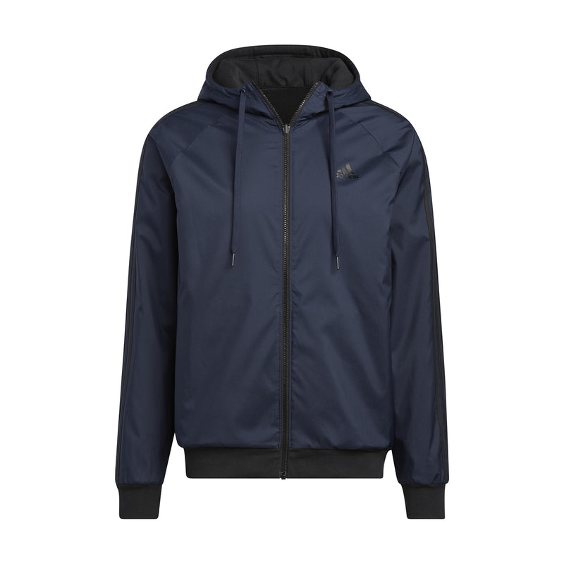 Men's navy hooded zip jacket with adjustable drawstrings and front logo patch