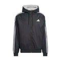 Men's black zip-up track jacket with white sleeve stripes and gray hood lining