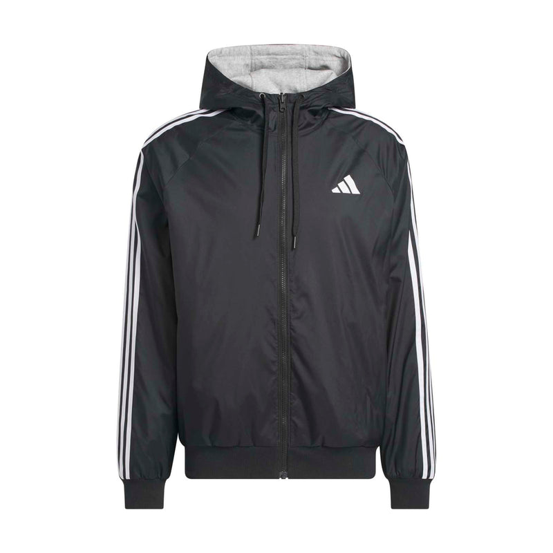 Men's black zip-up track jacket with white sleeve stripes and gray hood lining