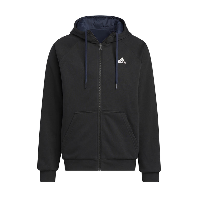 Men's black hooded zip jacket with adjustable drawstrings and small adidas logo