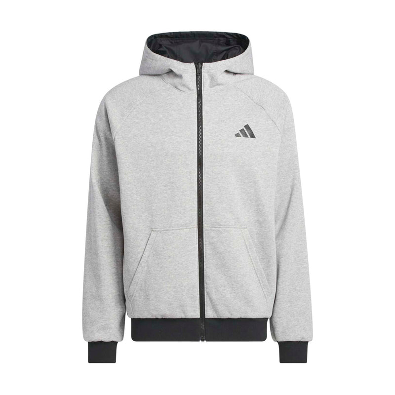 Men's light gray zip-up track jacket with dark hood lining and small logo on chest