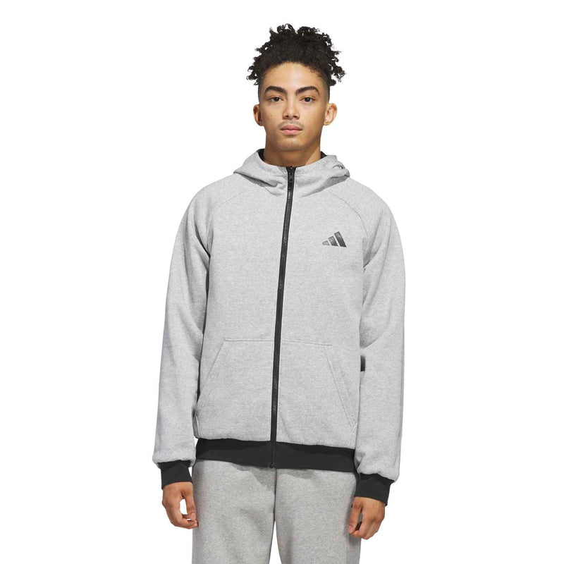 Men's light gray zip-up track jacket with front pockets and dark zipper