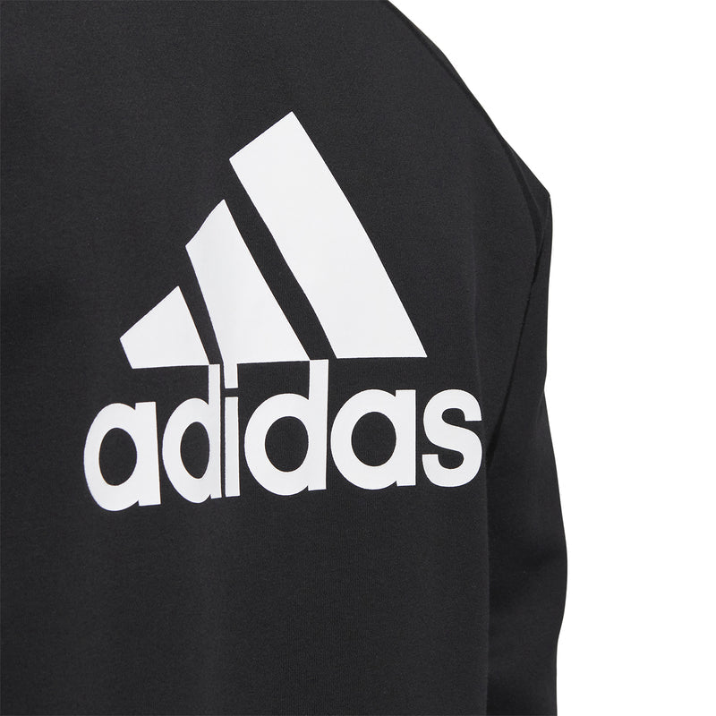 Black jacket fabric with large white adidas logo print