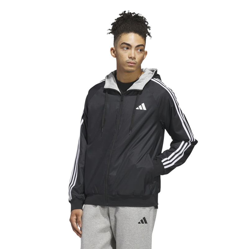 Men's black zip-up track jacket with white sleeve stripes and hood