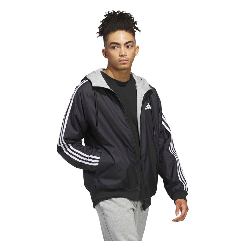 Men's black zip-up track jacket with white sleeve stripes and gray inner hood