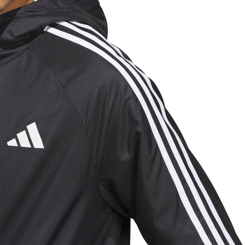 Men's black track jacket with white three-stripe sleeve detail and small chest logo