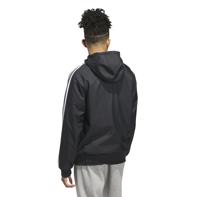 Men's black zip-up track jacket back view with hood and white sleeve stripes