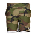 Youth camo basketball shorts with white-and-black hem trim and side pockets