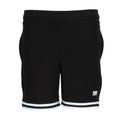 Youth basketball shorts, black with white hem stripe and side pockets.