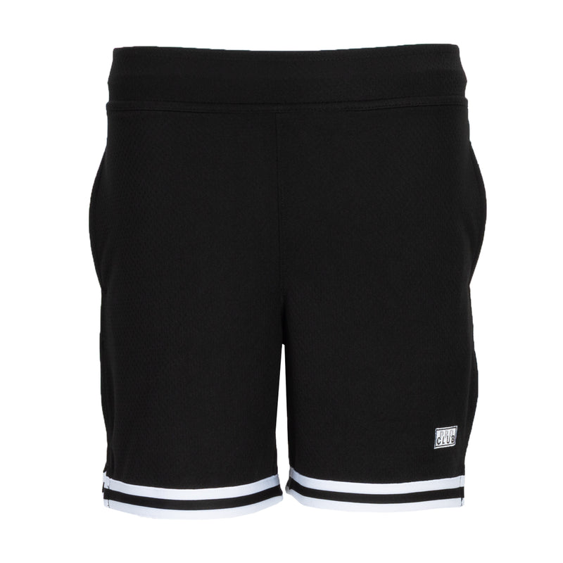 Youth basketball shorts, black with white hem stripe and side pockets.