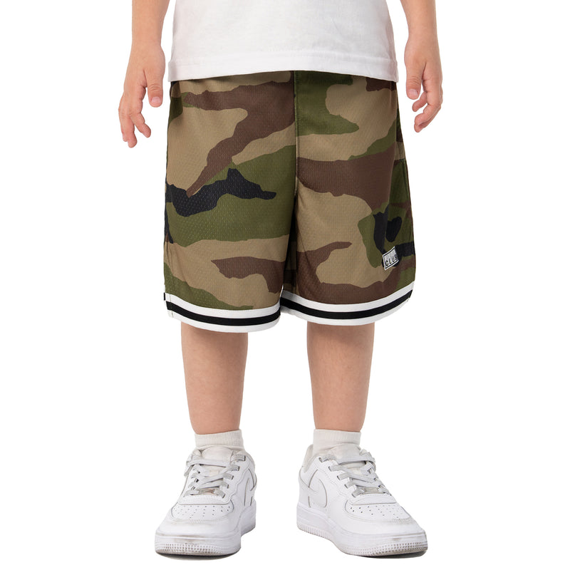 Youth camo basketball shorts, full front view, white-and-black bottom trim